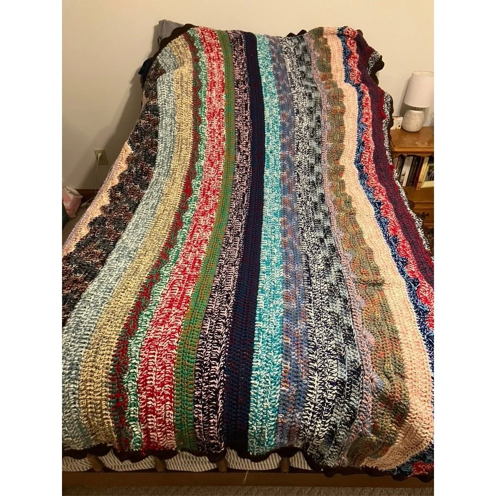 Handmade Crochet Afghan Blanket 30x60‎ Multi-Color Striped Boho Cottagecore